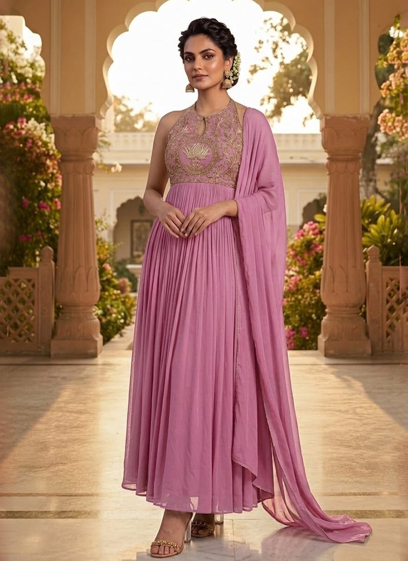 Light Dusty Pink Georgette Zari Sequins Halter Neck Anarkali Suit Festive Wear