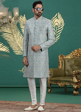 Light Firozi Art Silk Sequins Thread Hand Embroidered Indowestern Sherwani Wedding Wear