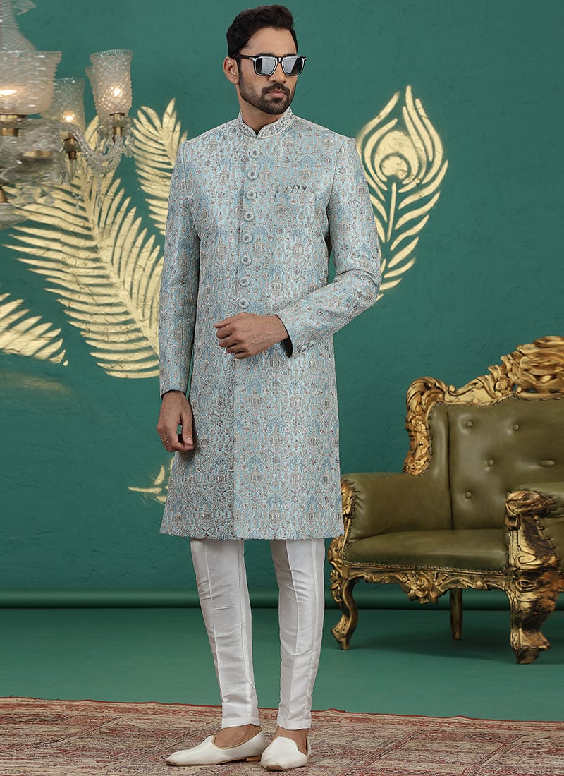 Light Firozi Art Silk Sequins Thread Hand Embroidered Indowestern Sherwani Wedding Wear