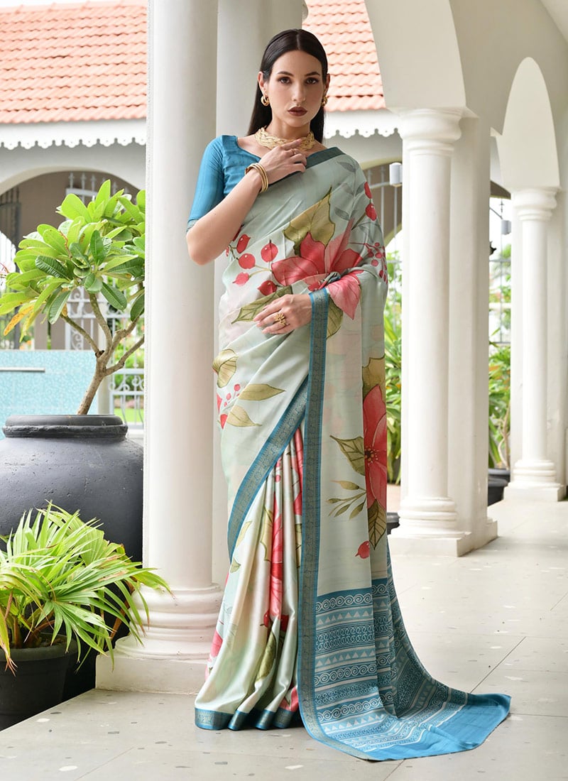 Light Firozi Satin Silk Floral Digital Print Saree With Woven Zari Border After Six Wear