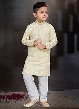 Light Gold Blended Cotton Printed Kids Boys Kurta Pyjama