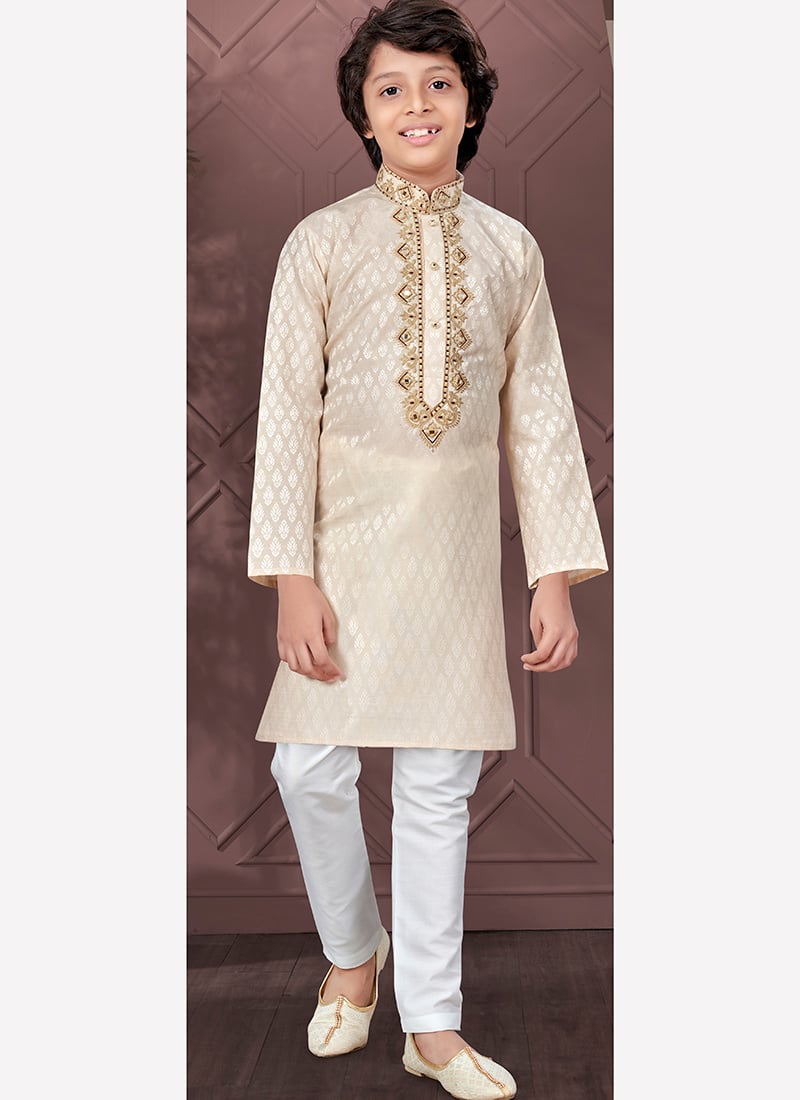 Light Gold Silk Jacquard Kids Boys Kurta Pyjama Festive Wear