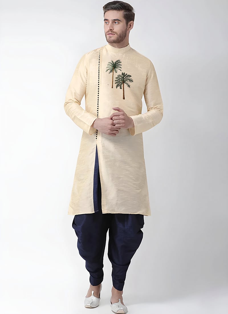 Light Golden Dupion Embroidered Dhoti Style Indowestern Sherwani Festive Wear