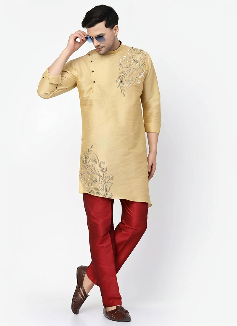 Light Golden Dupion Embroidered Kurta Pyjama Festive Wear