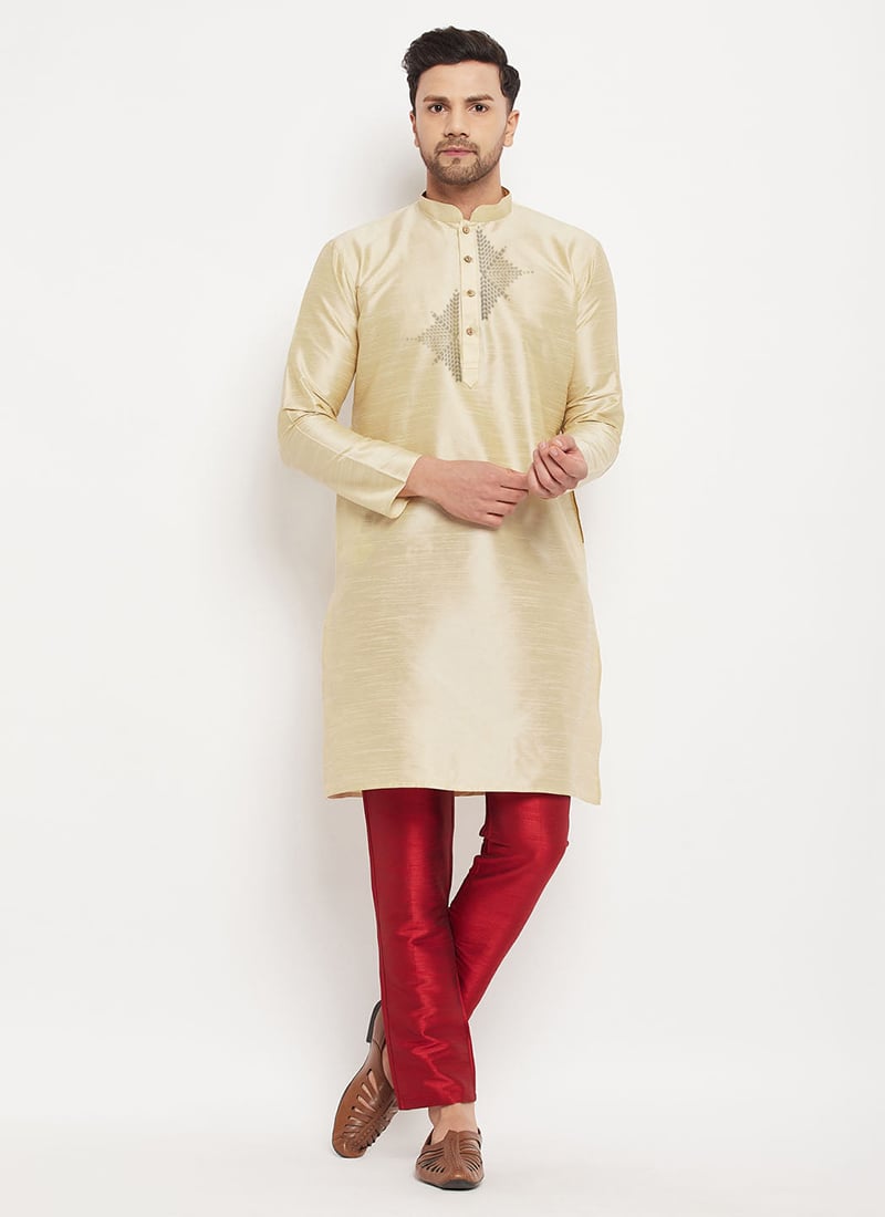 Light Golden Dupion Embroidered Kurta Pyjama Festive Wear