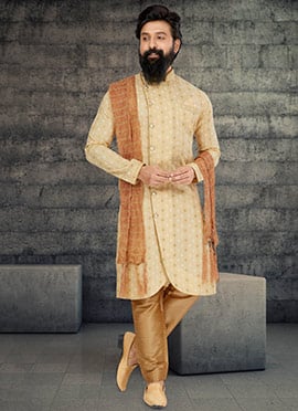 Light Golden Printed Cotton Silk Indowestern Sherwani