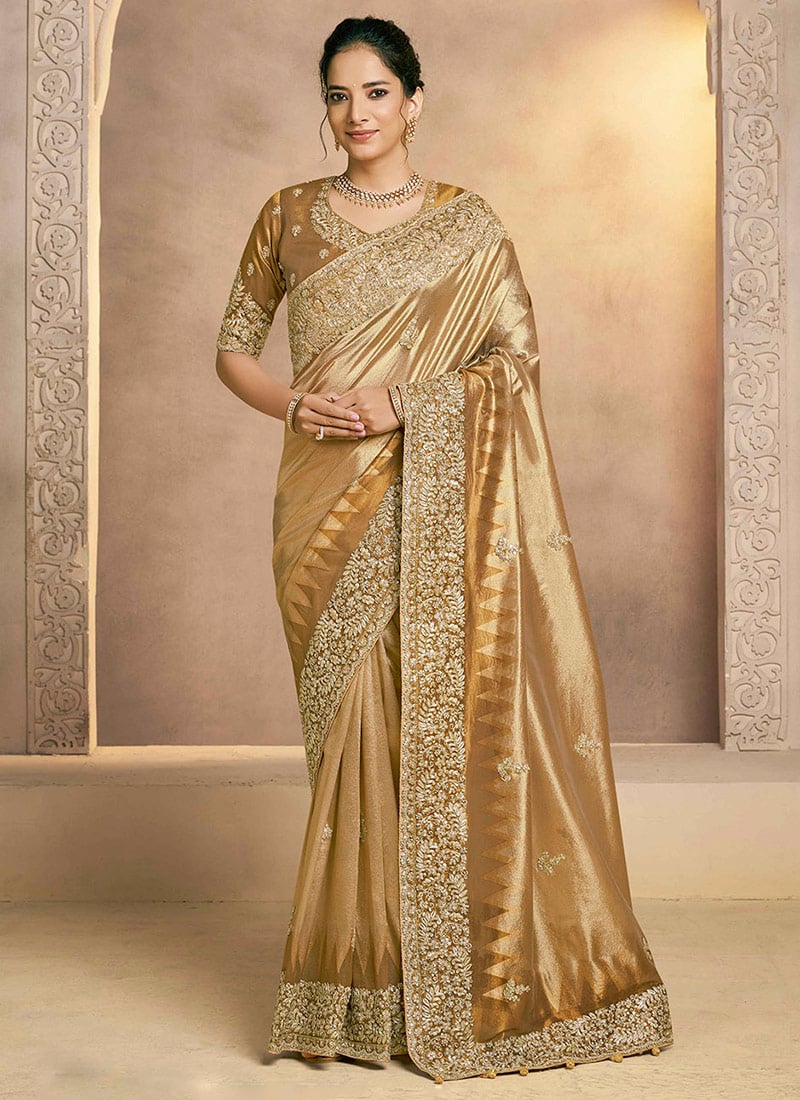 Light Golden Zari Kora Silk Sequins Zardosi Hand Embroidered Saree Wedding Wear