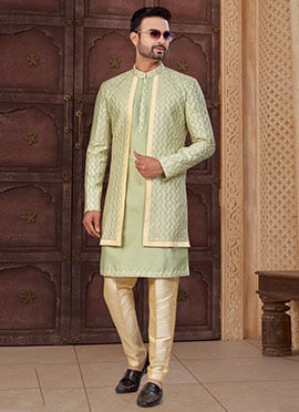 Light Green  Gold Banarasi Silk Embroidered Thread Indowestern Sherwani