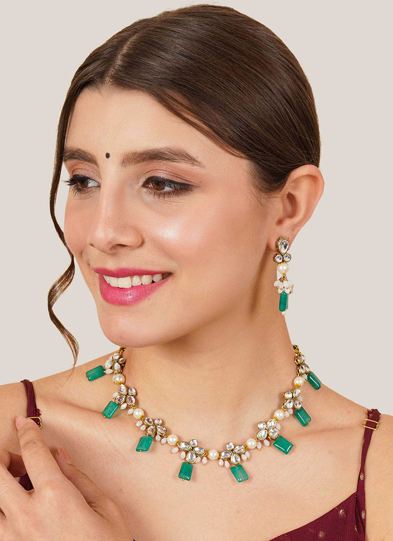 Light Green  Kundan And Moti Necklace Festive Wear