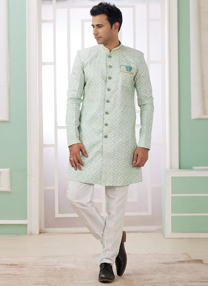 Light Green Banarasi Jacquard Indowestern Sherwani Festive Wear