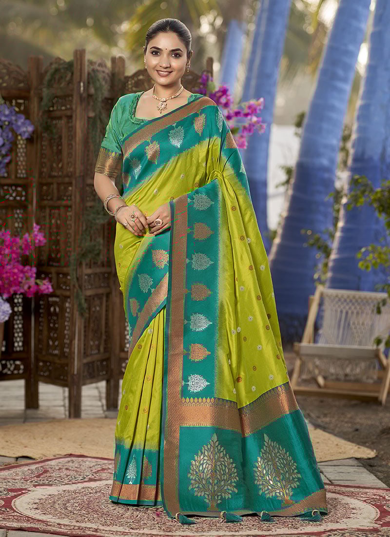 Light Green Banarasi Silk Jacquard Woven Saree Festive Wear