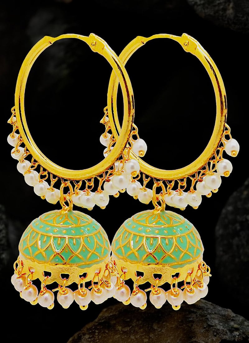 Light Green Beads Meenakari Jhumka Festive Wear