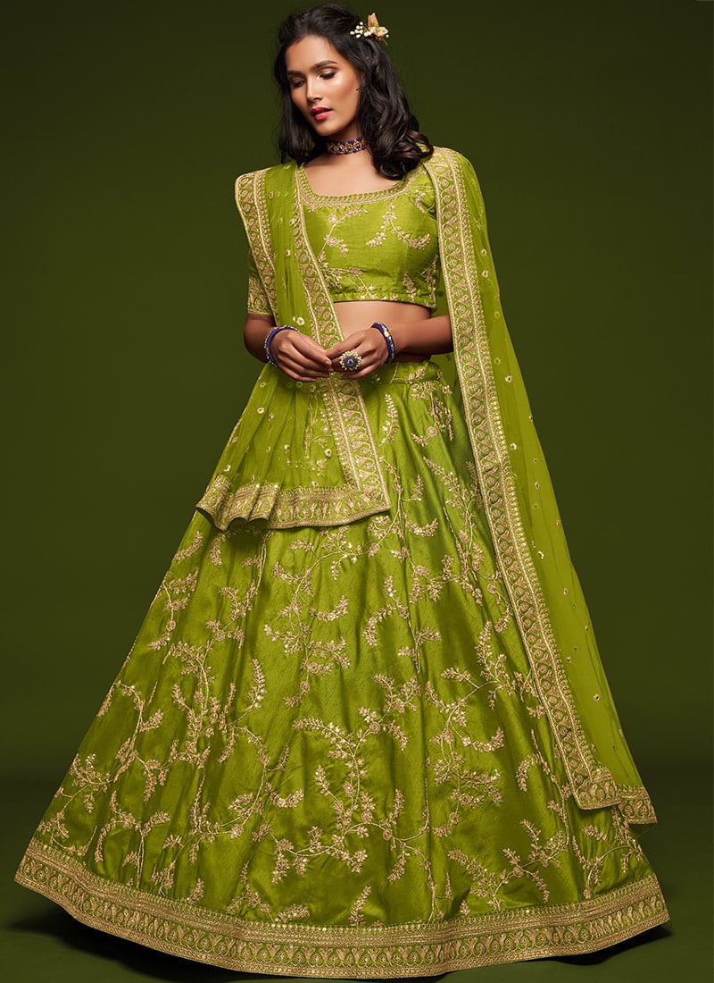 Light Green Benarasi Silk Embroidered N Sequins Umbrella Lehenga Party Wear