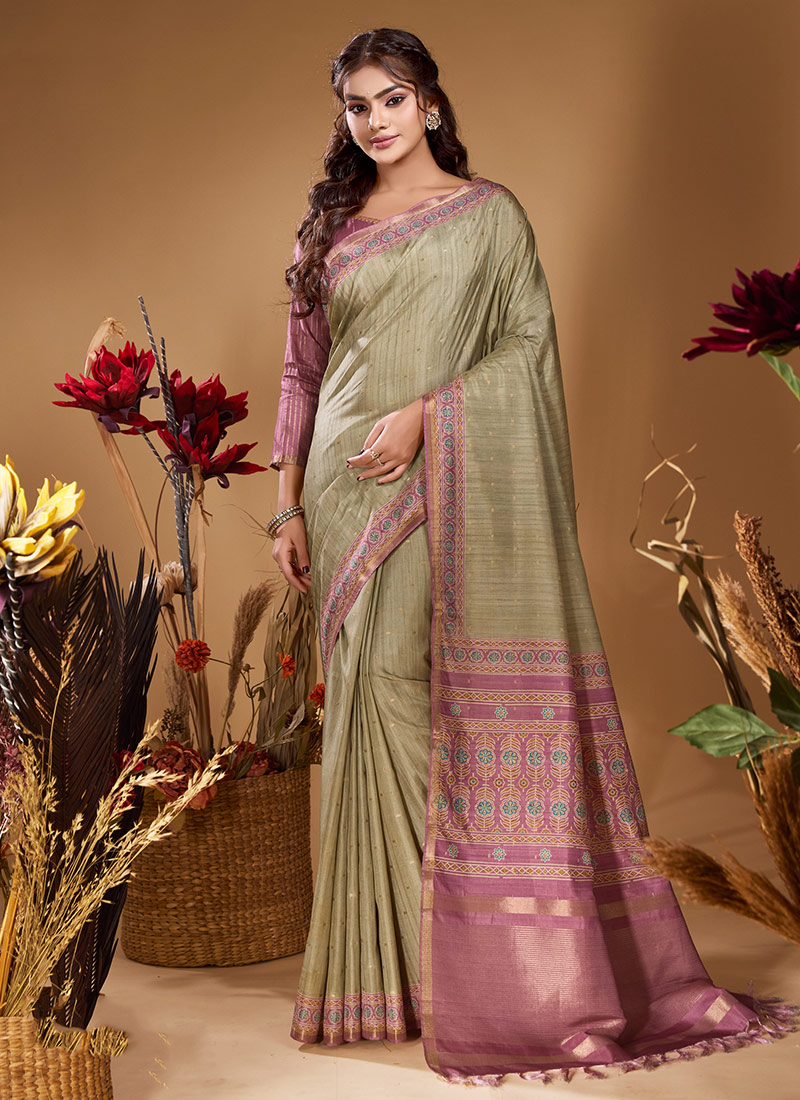 Light Green Butti Tussar Silk Jacquard Zari Saree Festive Wear