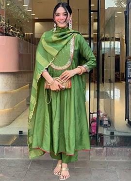 Light Green Chanderi Sequins Jacquard Anarkali Suit