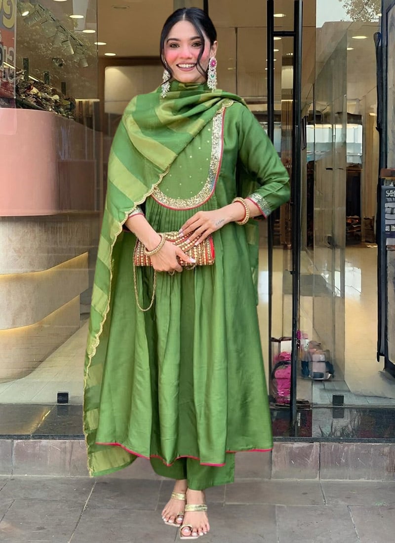Light Green Chanderi Sequins Jacquard Anarkali Suit Festive Wear