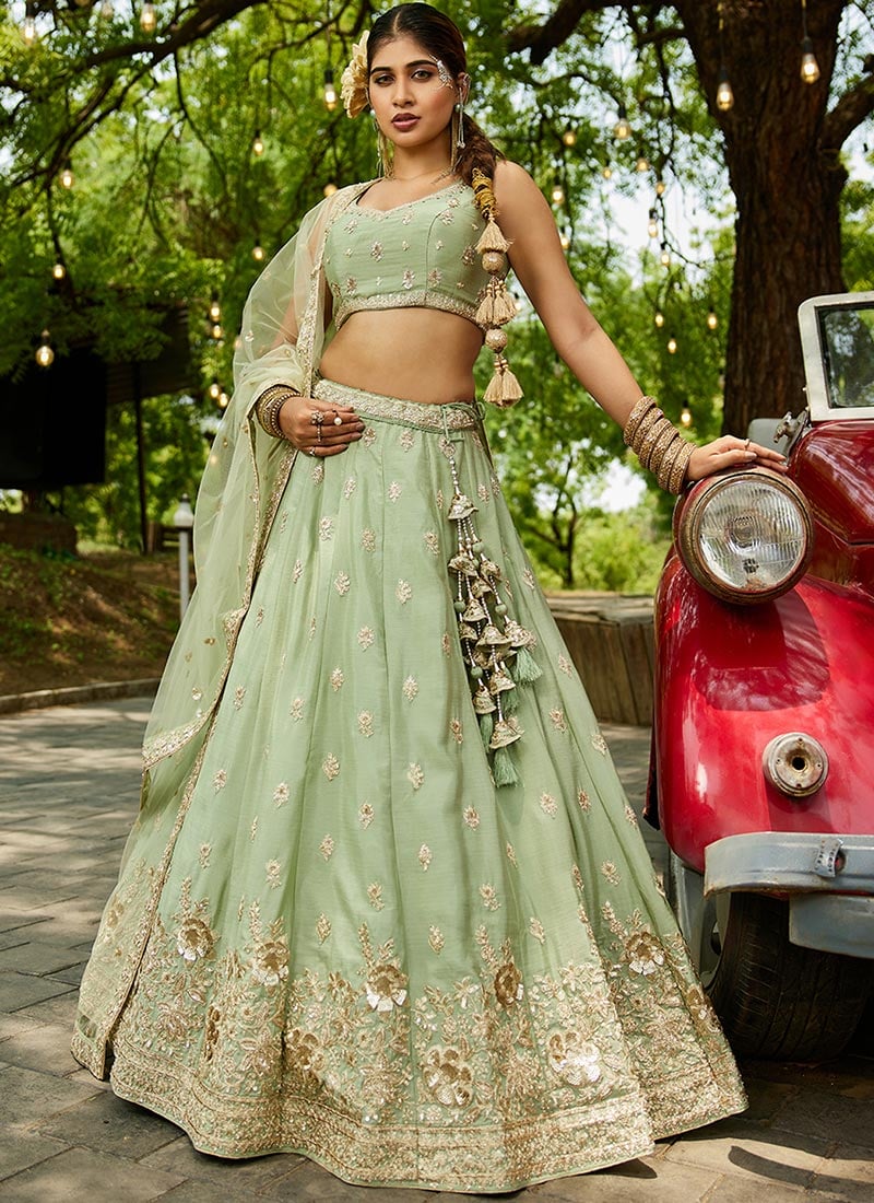 Light Green Chiffon Embroidered Sequins Lehenga Wedding Wear