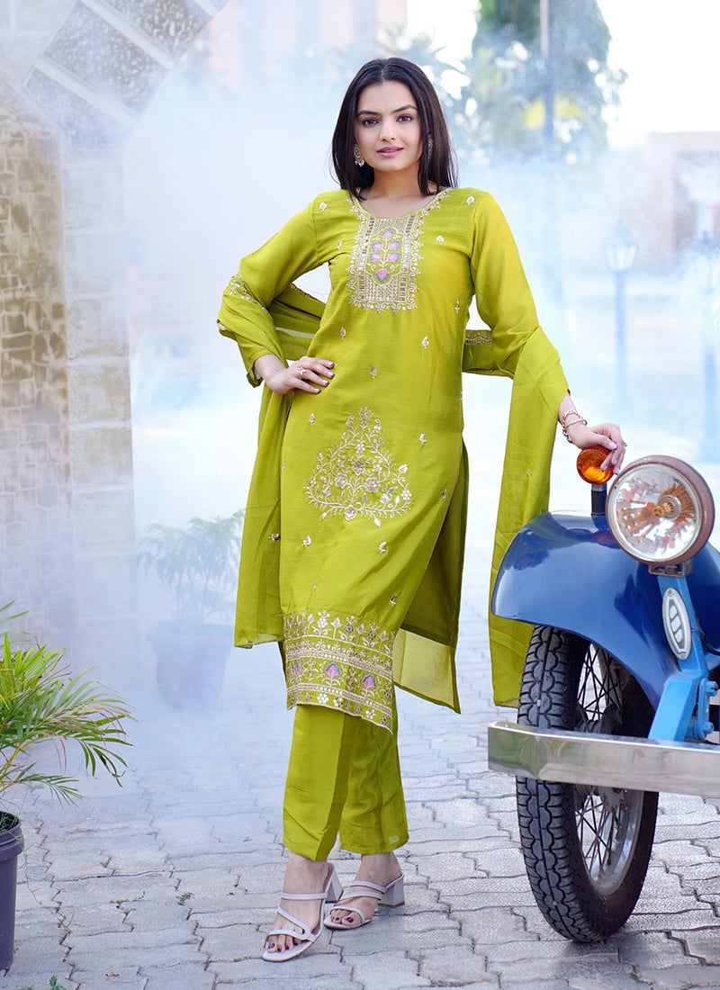 Light Green Chinon Embroidered Sequins Straight Pant Suit