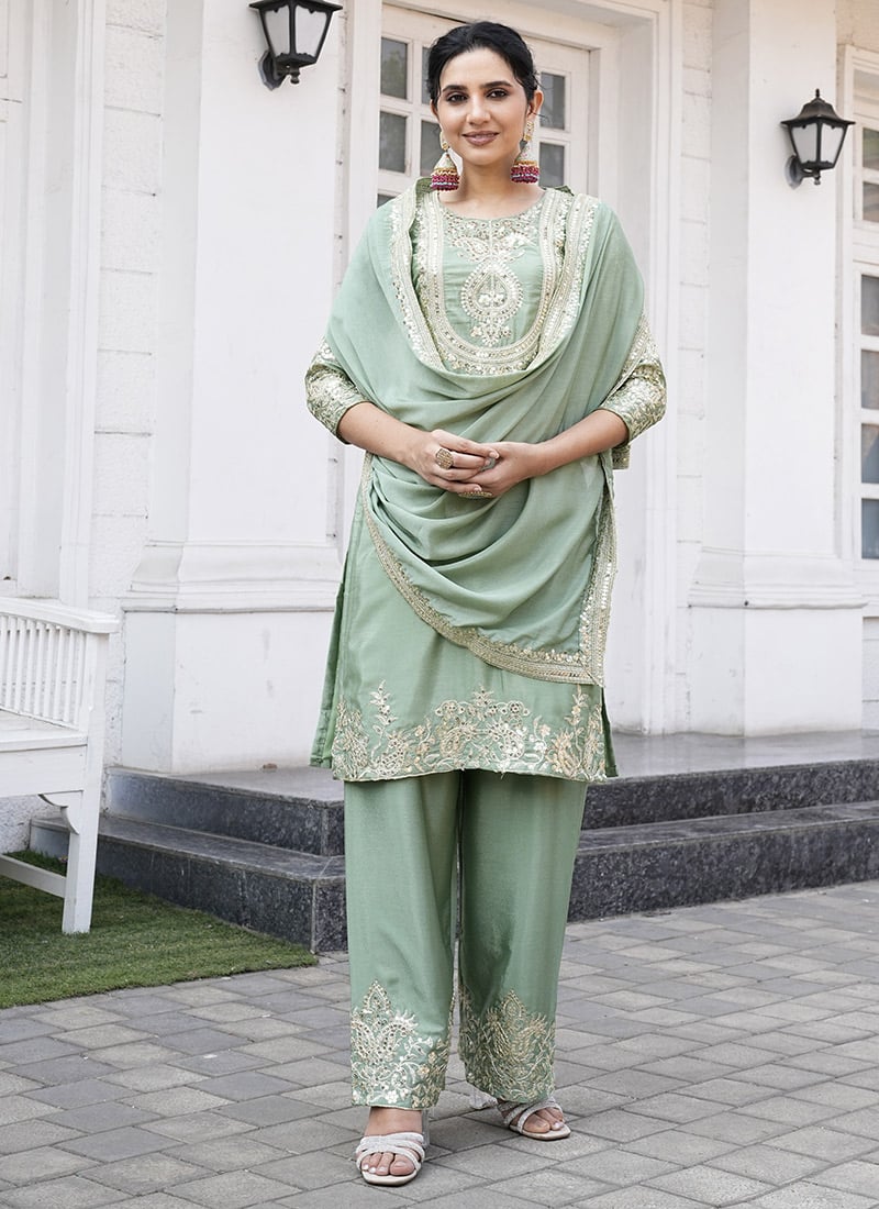Light Green Chinon Silk Embroidered Sequins Straight Pant Suit Festive Wear