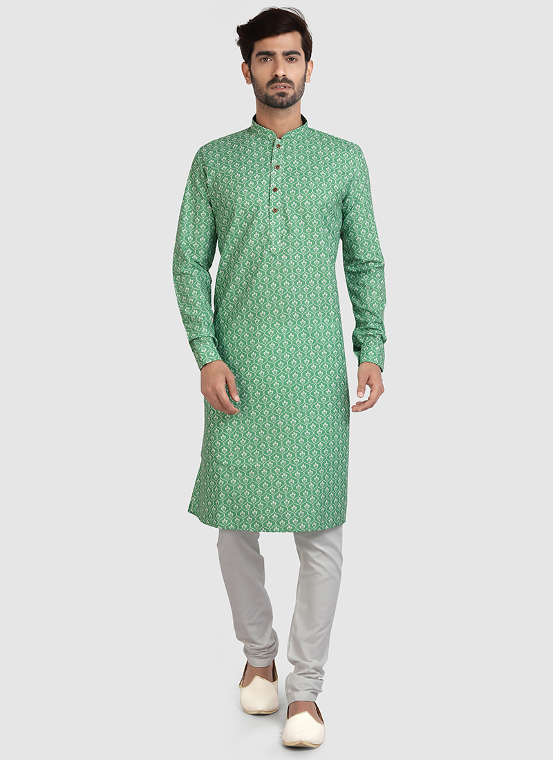 Light Green Cotton Printed Kurta Pyjama