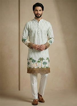 Light Green Cotton Schiffli Work And Digital Print Kurta Pyjama For Men