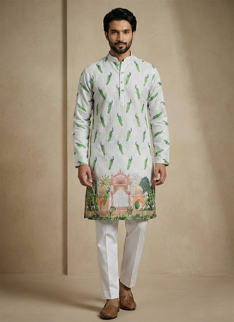 Light Green Cotton Schiffli Work And Digital Print Kurta Pyjama For Stylish Men Festive Wear