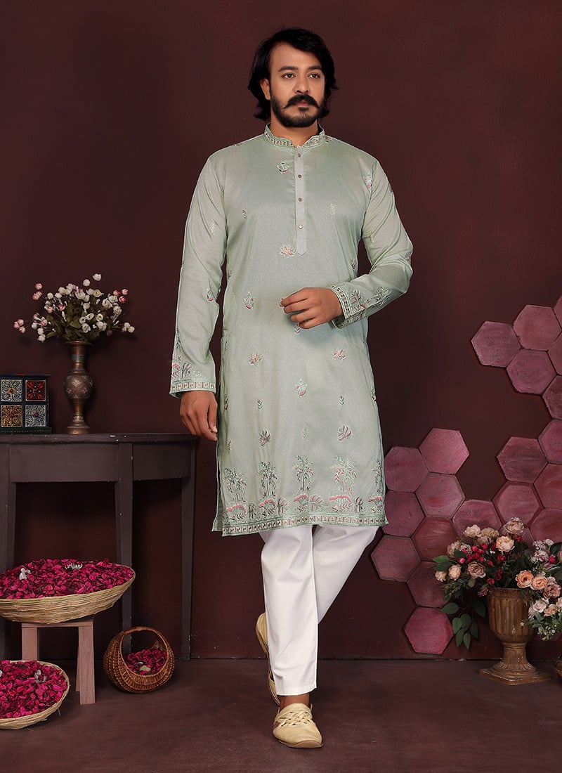 Light Green Cotton Silk Embroidered Sequins Kurta Pyjama Festive Wear