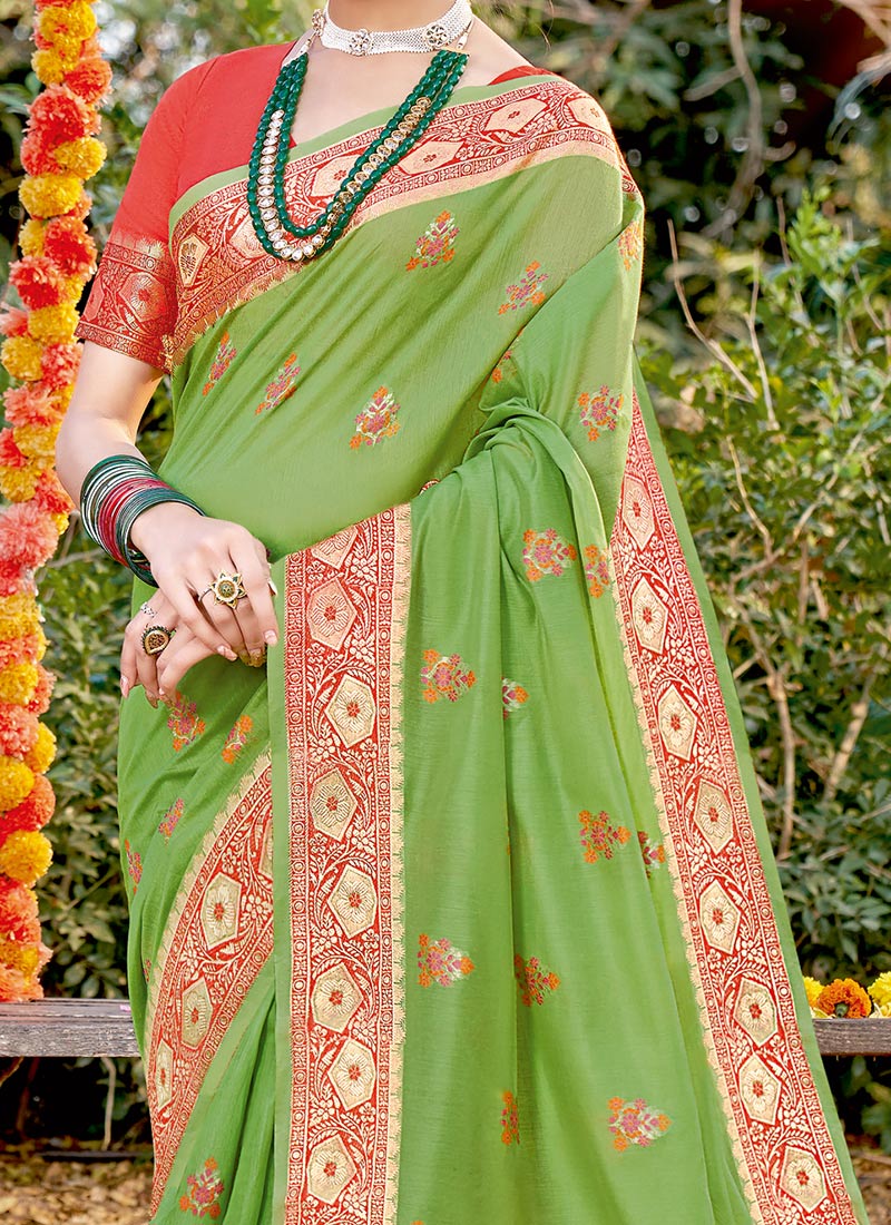 Buy Light Green Cotton Zari Weaving Designer Saree Festive Wear, Zari