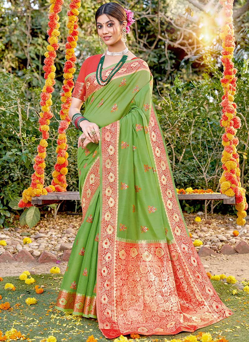 Buy Light Green Cotton Zari Weaving Designer Saree Festive Wear, Zari