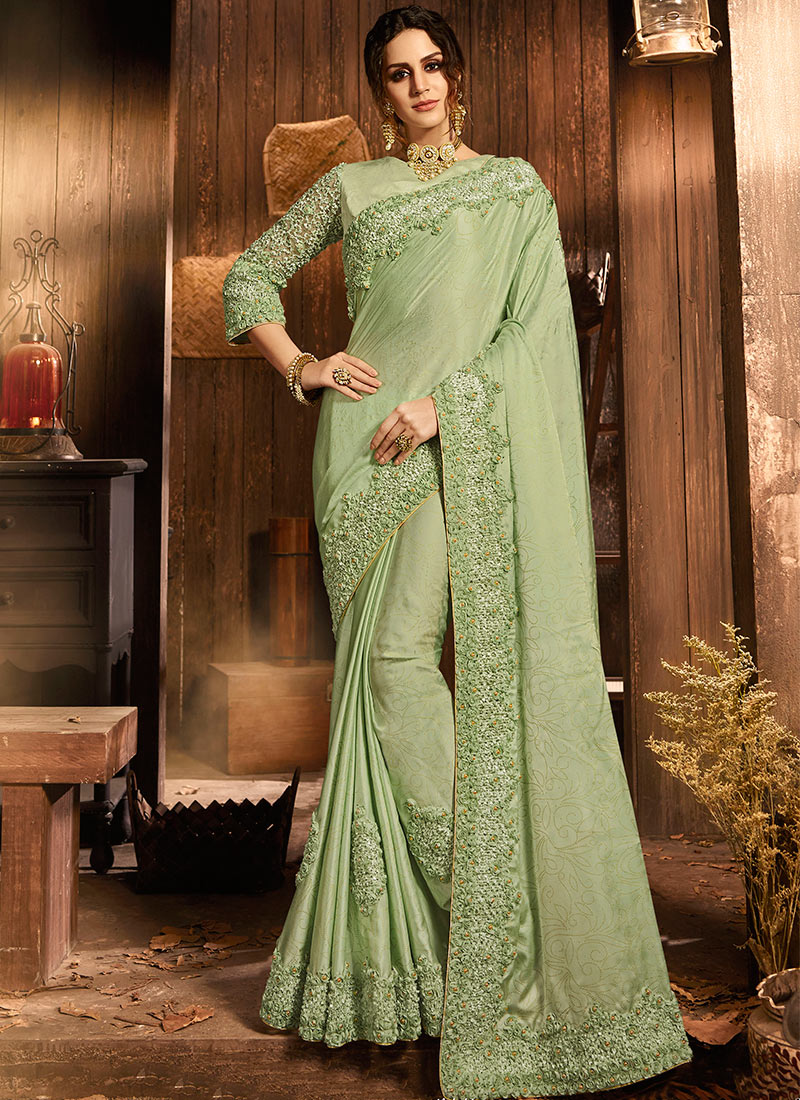 Buy Light Green Embroidered Saree, Embroidered, sari Online Shopping