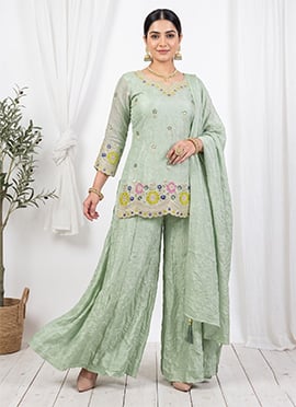 Light Green Embroidered Sequins Silk Palazzo Suit