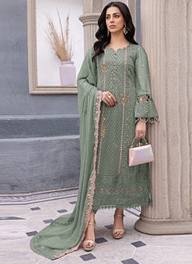 Light Green Georgette Hand Embroidered Pakistani Straight Pant Suit