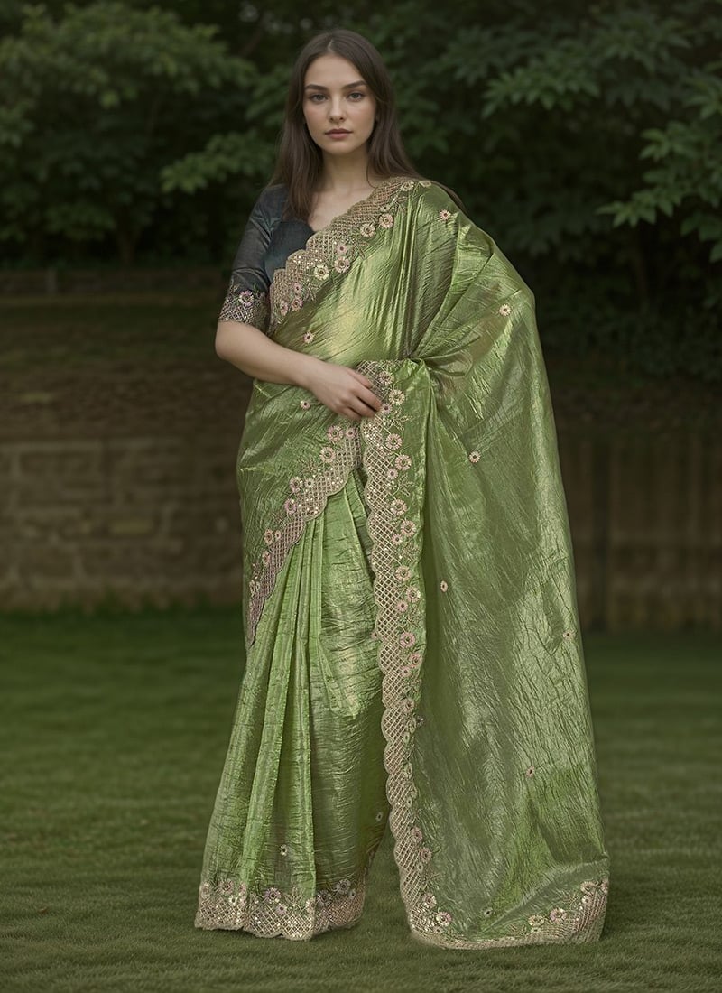 Light Green Gold Crunchy Silk Embroidered Sequins Saree