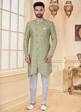 Light Green Heavy Jacquard Embroidery Classic Sherwani