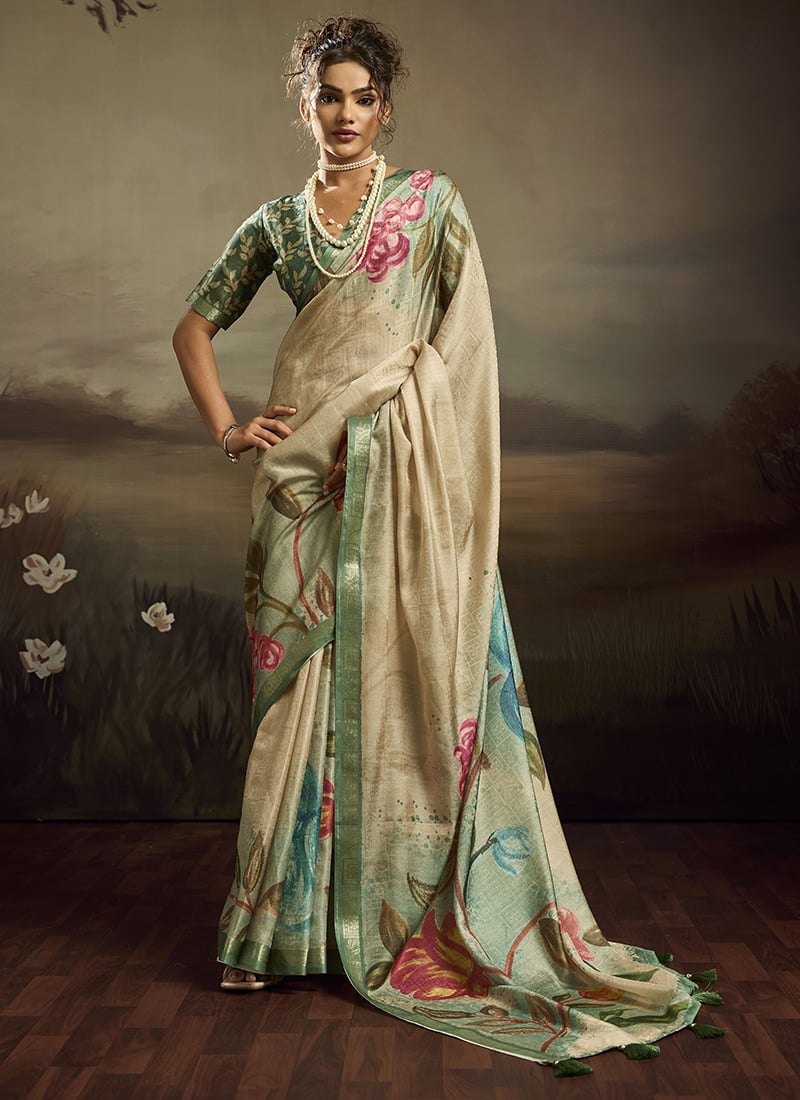 Light Green Jacquard Silk Floral Woven Saree After Six Wear