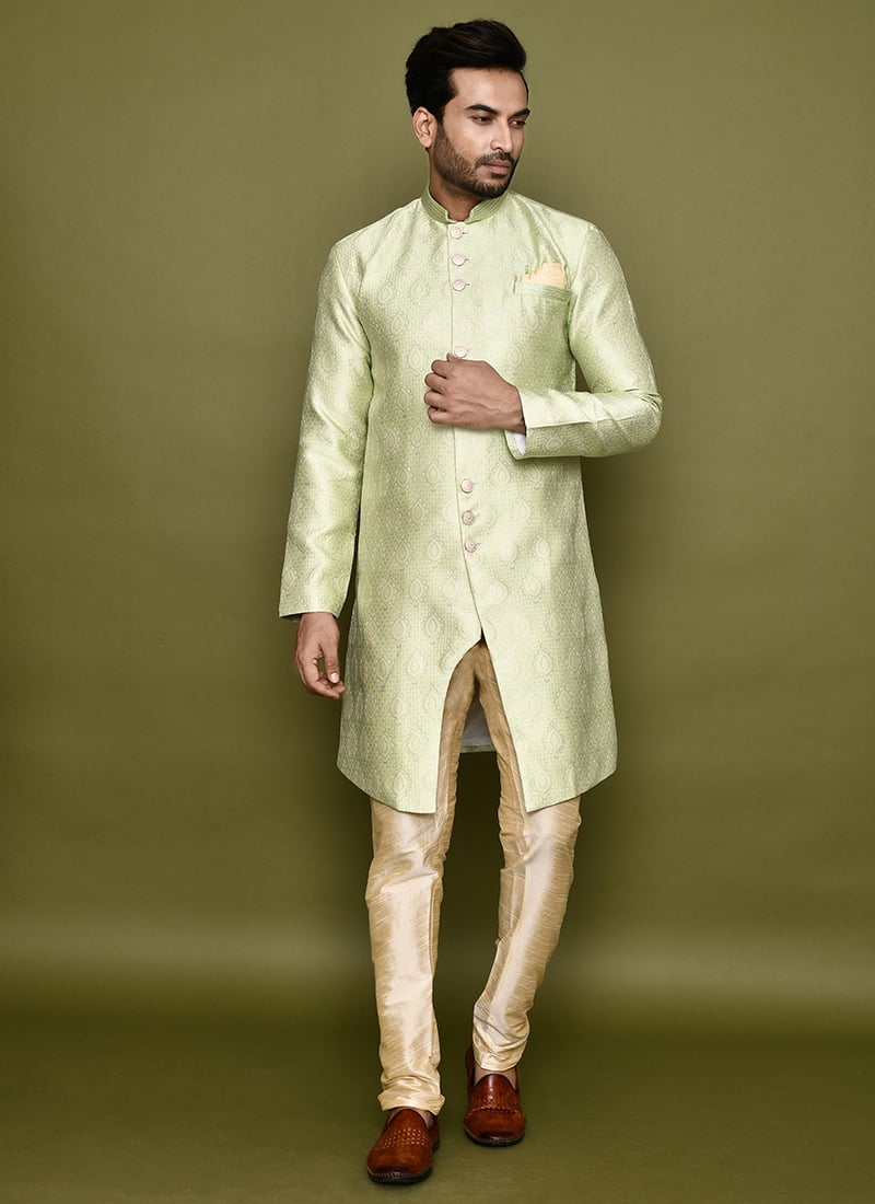 Light Green Jacquard Silk Indowestern Sherwani Festive Wear