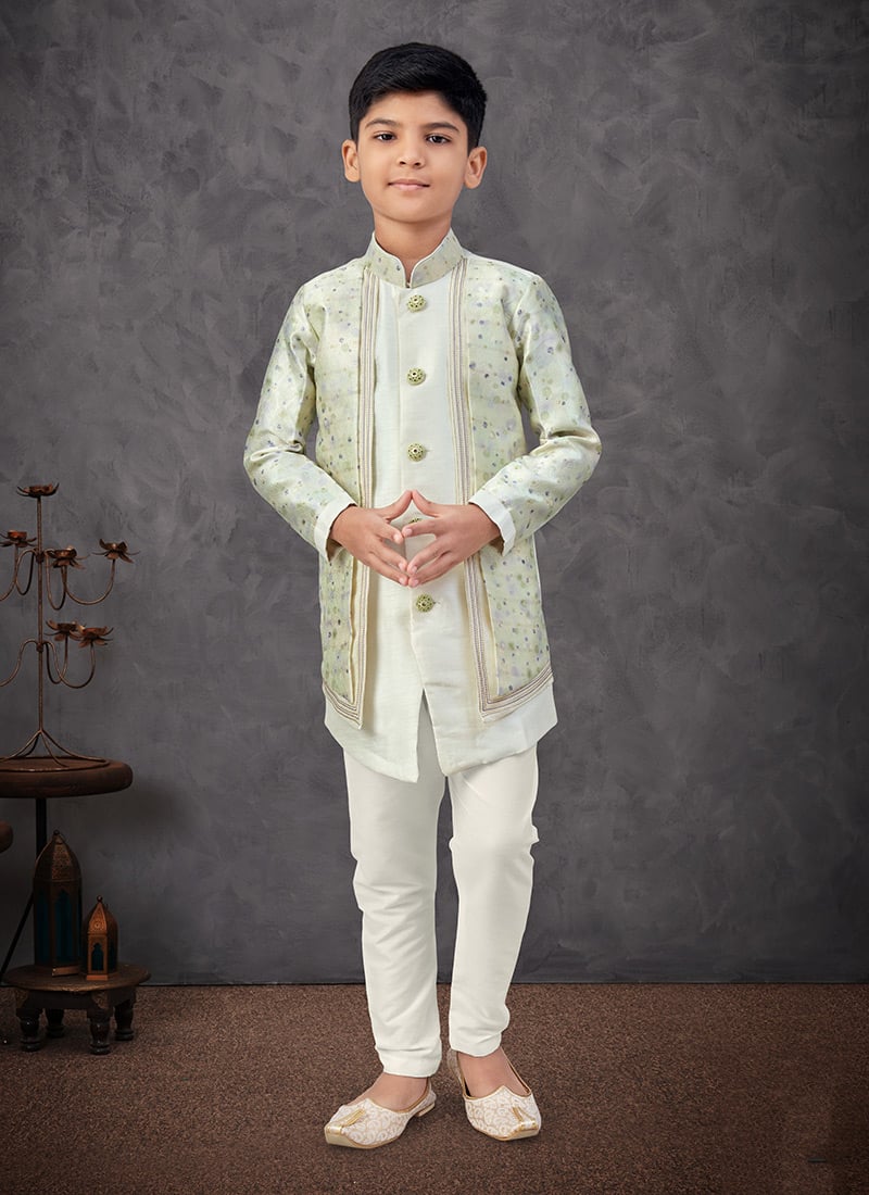Light Green Jacquard Silk Printed With Zari Work Boys Indowestern Sherwani Wedding Wear