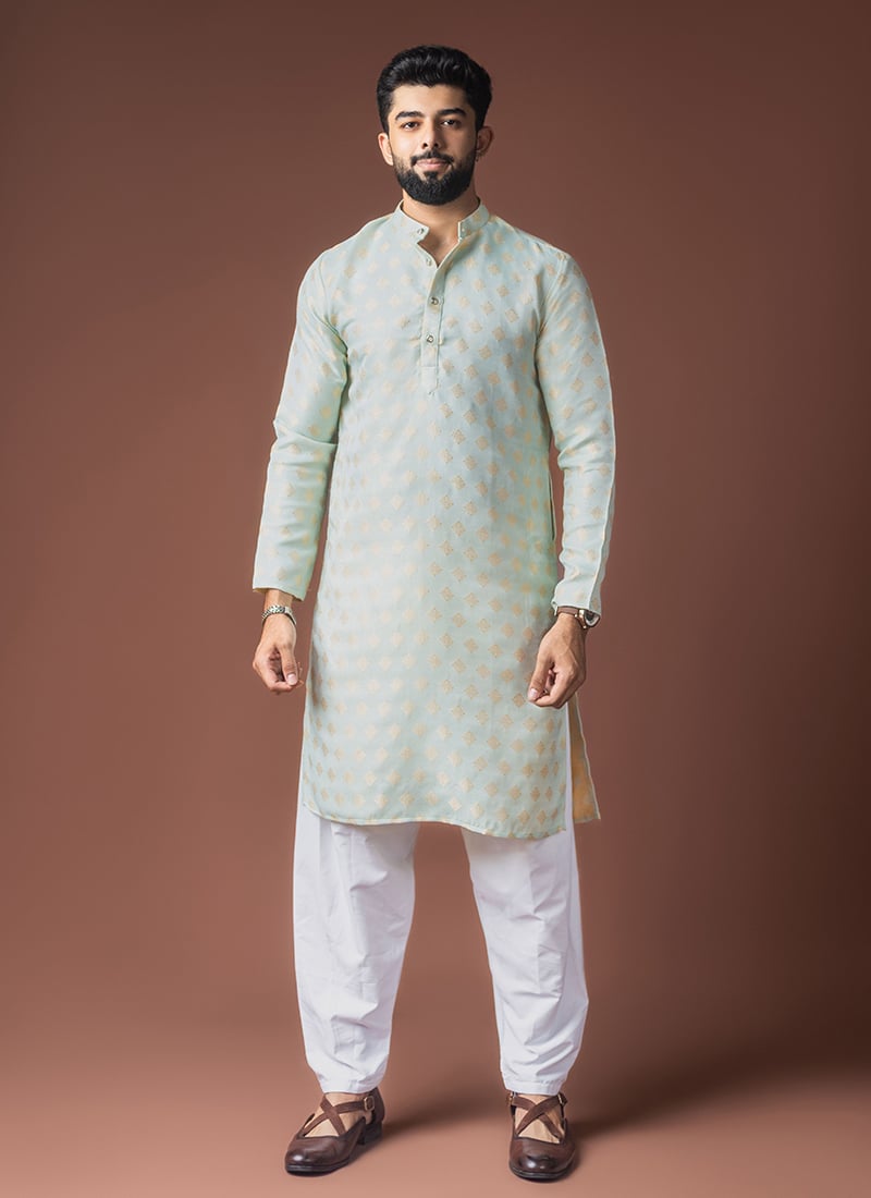 Light Green Jacquard Silk Woven Kurta Pyjama Festive Wear