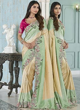 Light Green Jacquard Silk Zari Embroidered Sequins With Stone Work Saree