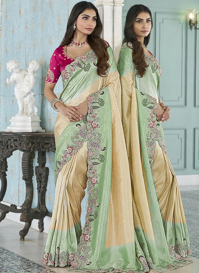 Light Green Jacquard Silk Zari Embroidered Sequins With Stone Work Saree Wedding Wear