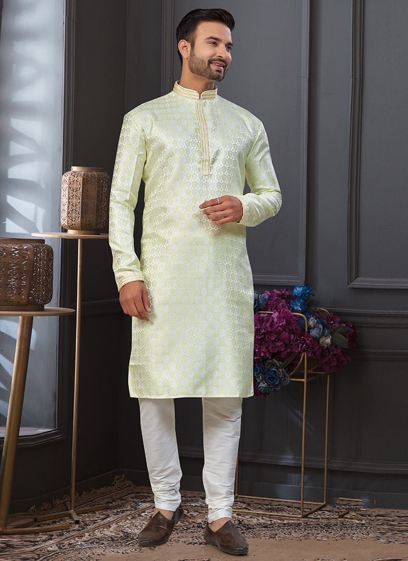 Light Green Jacquard Silk Zari Jacquard Thread Classic Sherwani Festive Wear
