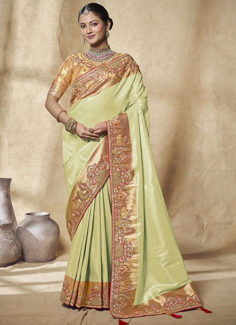 Light Green Jacquard Silk Zari Sequins Stones Embroidered Saree Wedding Wear