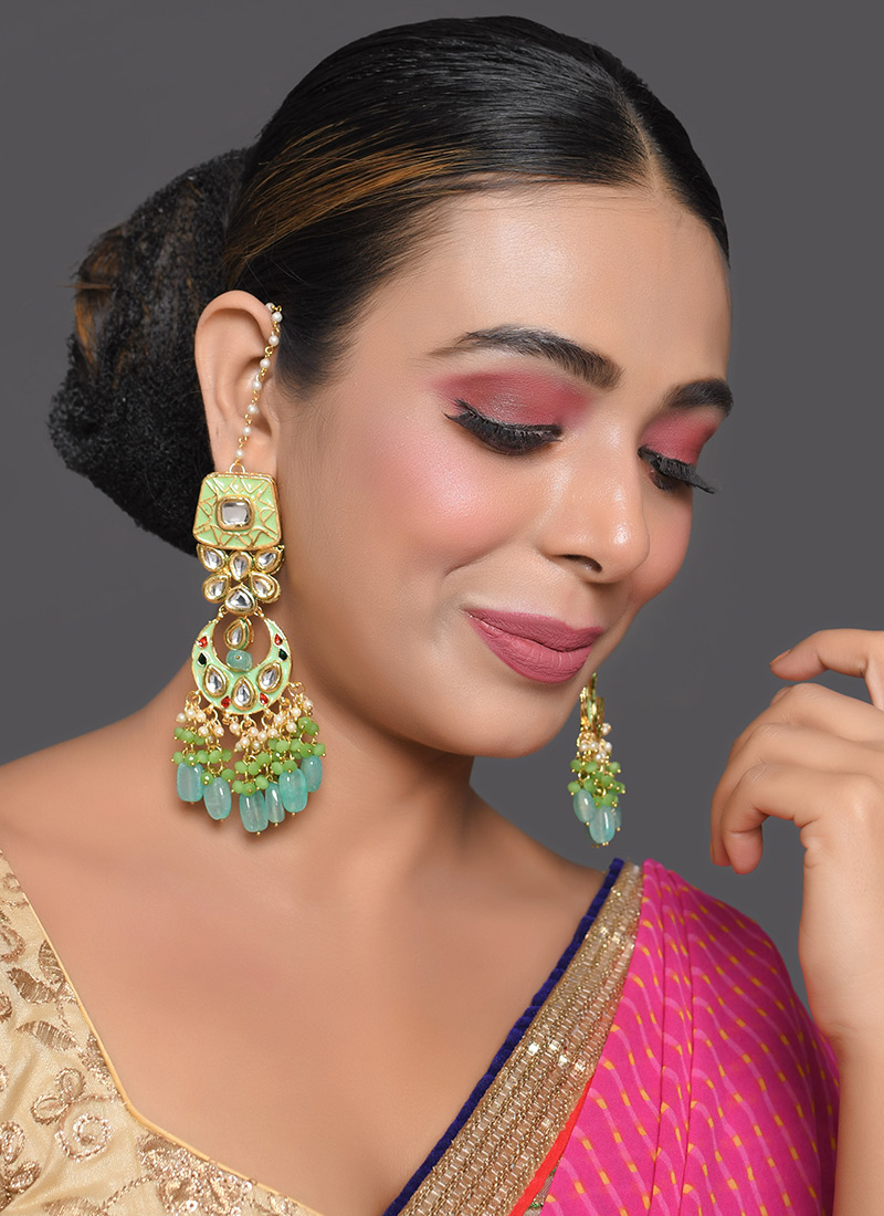 Light Green Kundan Drop Earrings Party Wear