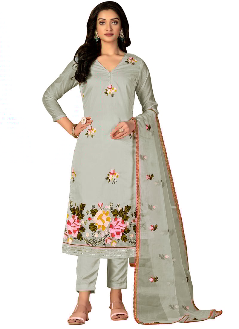 Light Green Modal Silk Embroidered Straight Pant Suit After Six Wear
