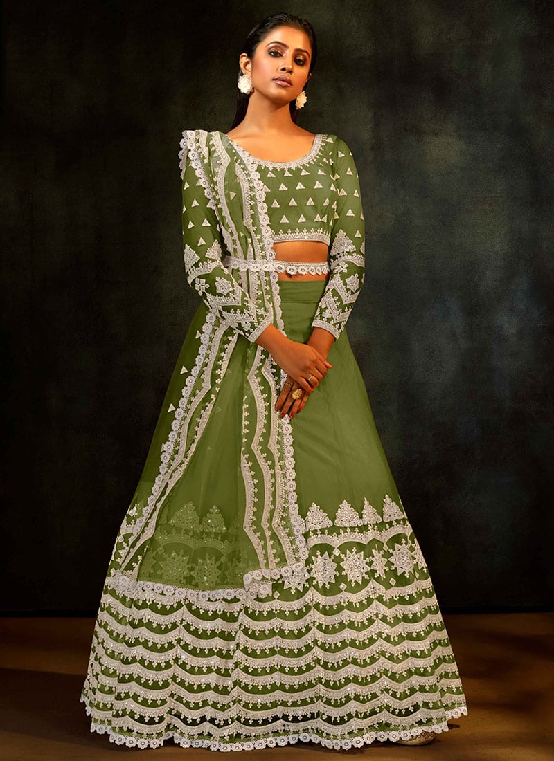 Light Green Net Embroidered N Sequins A Line Lehenga Wedding Wear