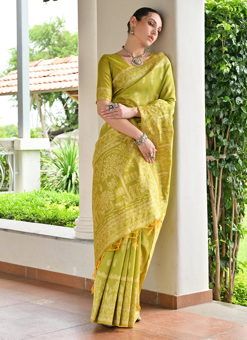 Light Green Raw Silk Handloom Woven Saree Festive Wear