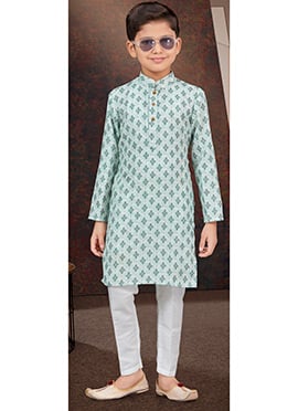 Light Green Rayon Printed  Embroidered Sequins Kids Boys Kurta Pyjama