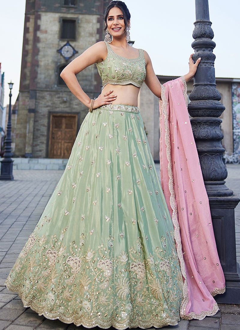 Light Green Satin Embroidered Sequins Lehenga Wedding Wear