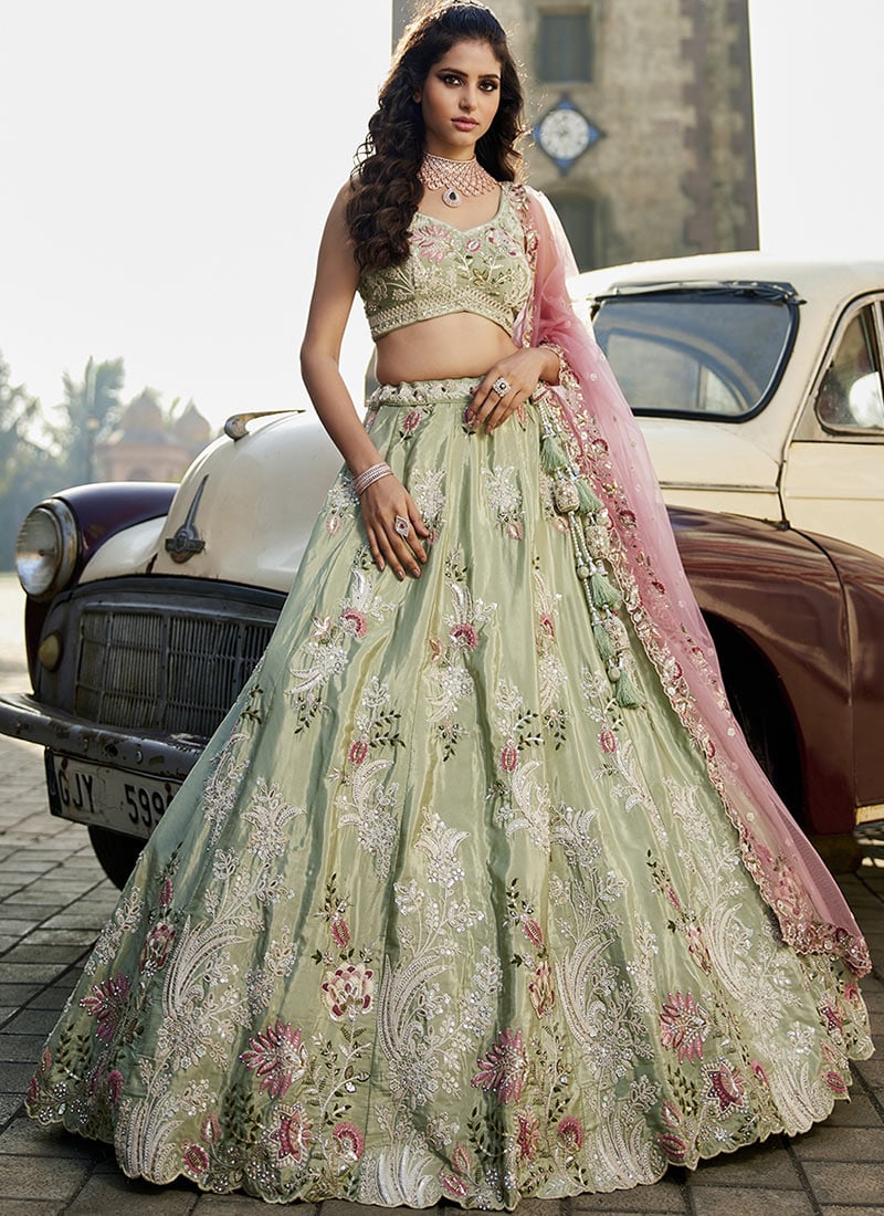 Light Green Satin Zarkan Embroidered Sequins With Stone And Moti Work Lehenga Wedding Wear-GHSPC6124LG