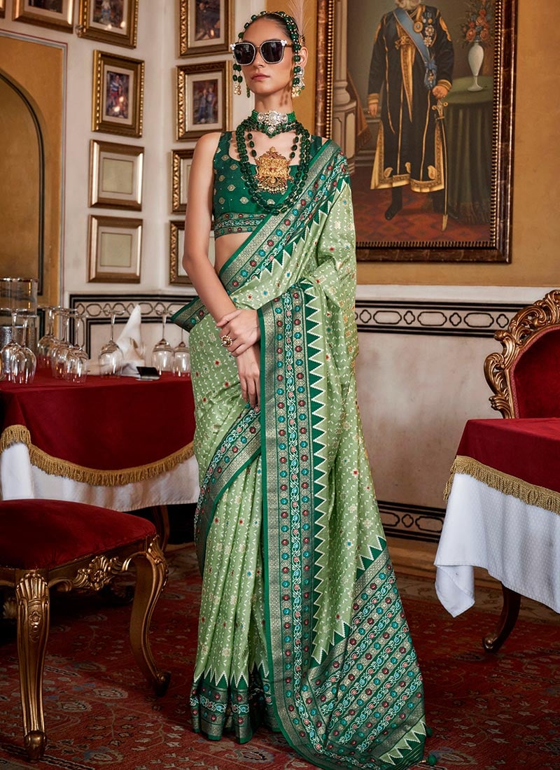 Light Green Sigma Silk Digital Patola Print Saree Festive Wear